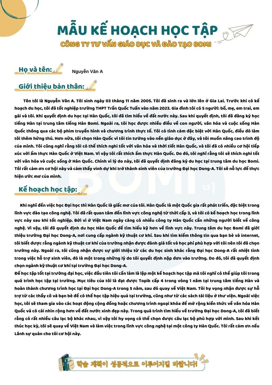Mẫu kế hoạch học tập du học Hàn Quốc tại Bomi